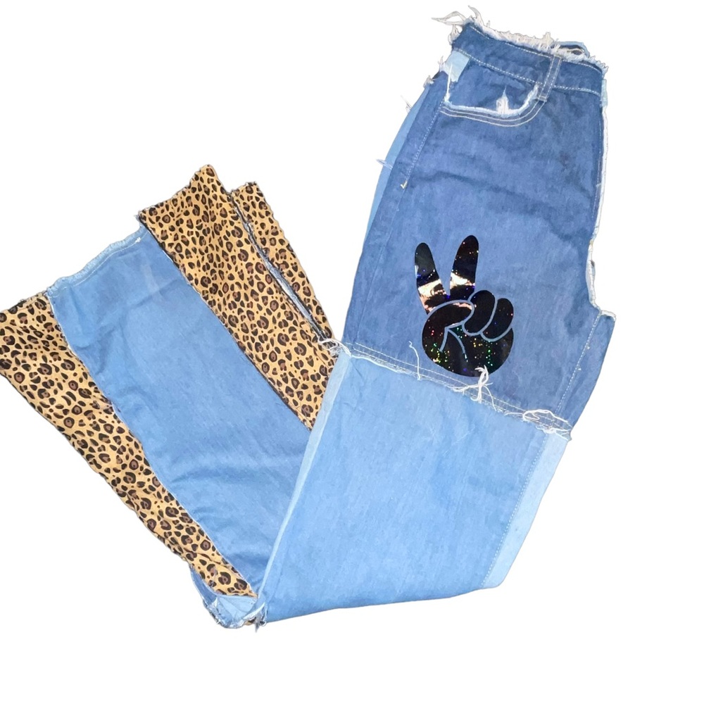 Upcycled Denim Jeans Bell Bottom Size Medium Leopard Raw Edges Handmade Retro